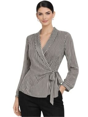 Adrianna Papell Black & White Striped Wrap Blouse | Waist Tie | Long Sleeve | XL